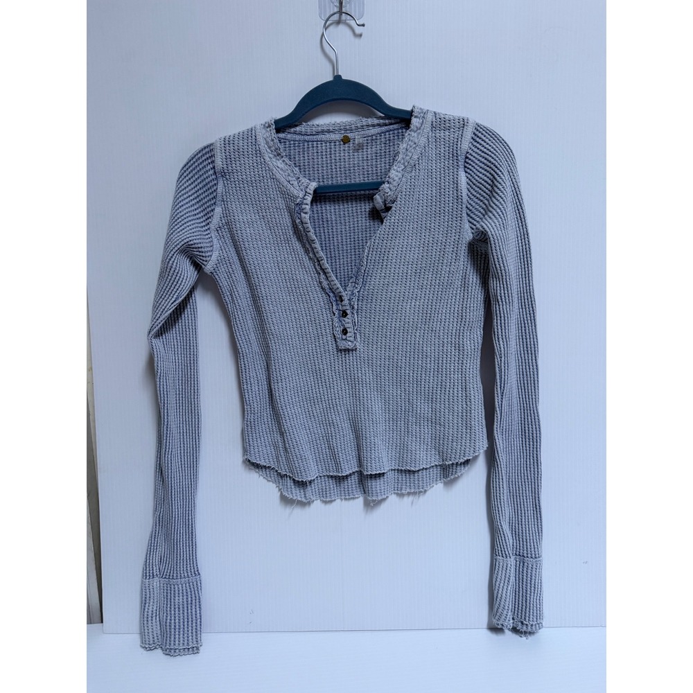 Free People FP One Thermal Henley Top Light Blue Waffle Knit Long Sleeve XS